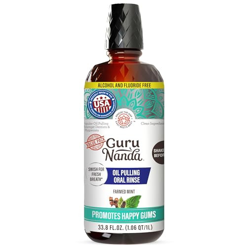 GuruNanda CocoMint Oil Pulling Mouthwash for Complete Oral Hygiene, 7 Essential Oils & Vitamins for Happy Teeth & Gums & Fresh Breath, Alcohol-Free, 33.8 Fl Oz/1L | Amazon (US)