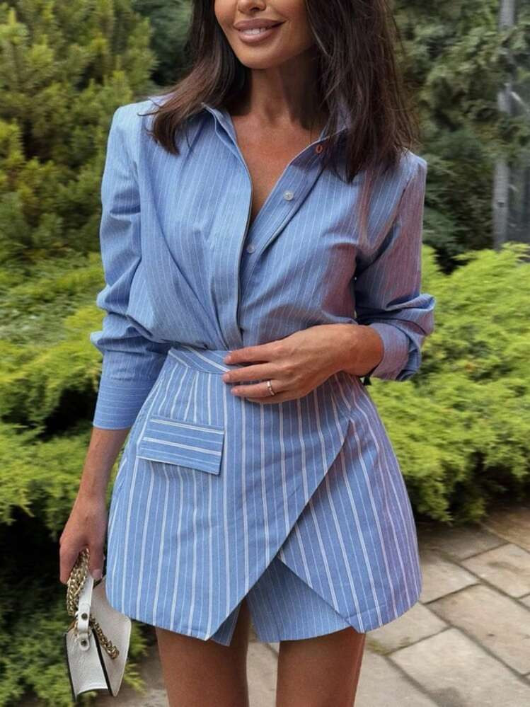 Fashion Striped Skirt Set Women's Lapel Long Sleeve Suit Commuter Two-Piece Set | SHEIN