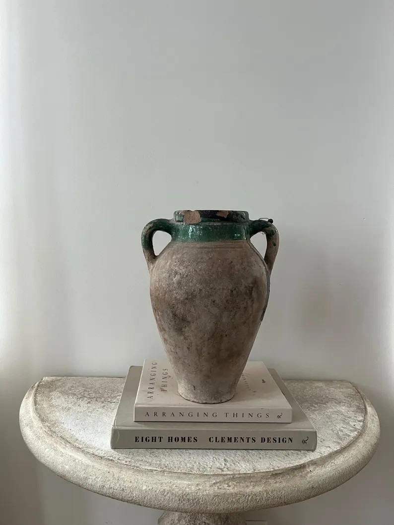 Vintage Olive Jar Vase With Green Glazed Rim | Hand-thrown Antique Mediterranean Pottery | Large ... | Etsy (US)