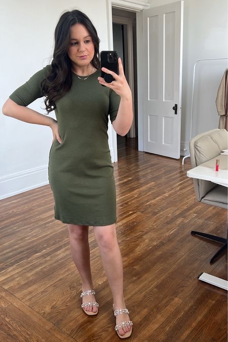 Fall Outfit: Olive Green T-Shirt Dress currently on sale and under $50 paired with pearl sandals 

#LTKsalealert #LTKSale #LTKunder50