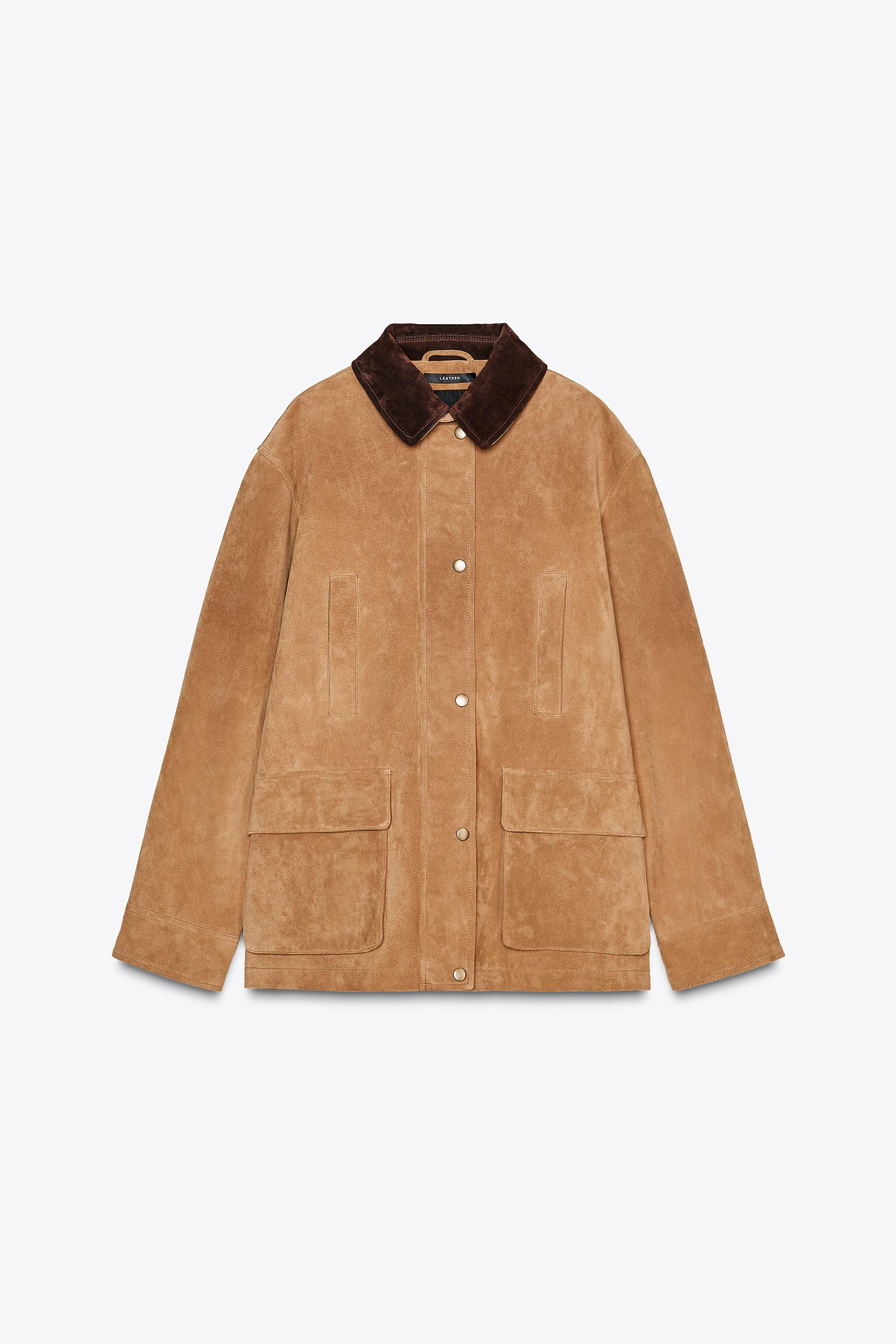Jacket made of 100% suede leather. Matching lapel collar with contrasting trim. Long sleeves with... | Zara US