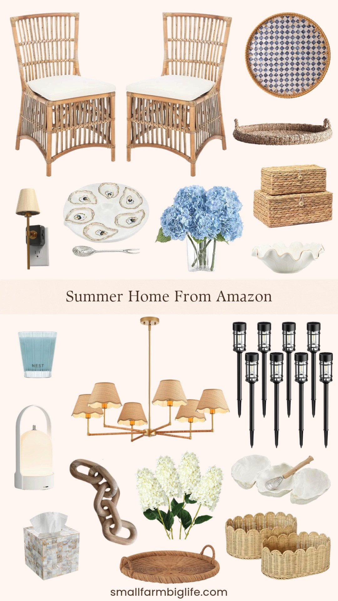Summer home refresh season is here and Amazon has so many beautiful pieces to bring that warm, coastal feel into your space. The rattan accent chair cushions, woven trays, and scalloped baskets add such pretty texture, and the boho rattan chandelier would be such a statement piece for a dining room or porch. I love the oyster and capiz shell serving pieces for entertaining, and the hydrangea stems in white and baby blue are an easy way to add a fresh touch to any room. The rechargeable table lamp and solar outdoor lights are perfect for summer evenings, and the NEST candle is one of my favorites for a cozy finishing touch. Tap to shop! 

 #LTKSeasonal #LTKHome #LTKSaleAlert