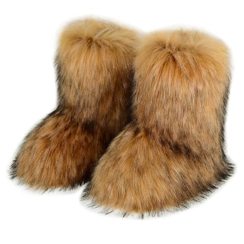 QMFUR Women's Furry Faux Fur Boots Fuzzy Fluffy Mid Calf Snow Boots Suede Warm Fur Lined Booties Flat Fashion Boots (Brown, Adult, Women, 10.5, Numeric, US Footwear Size System, Medium) | Amazon (US)