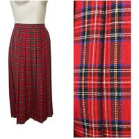 Vintage Tartan Plaid Pleated Skirt/1990S Red Midi Women's Large | Etsy (US)