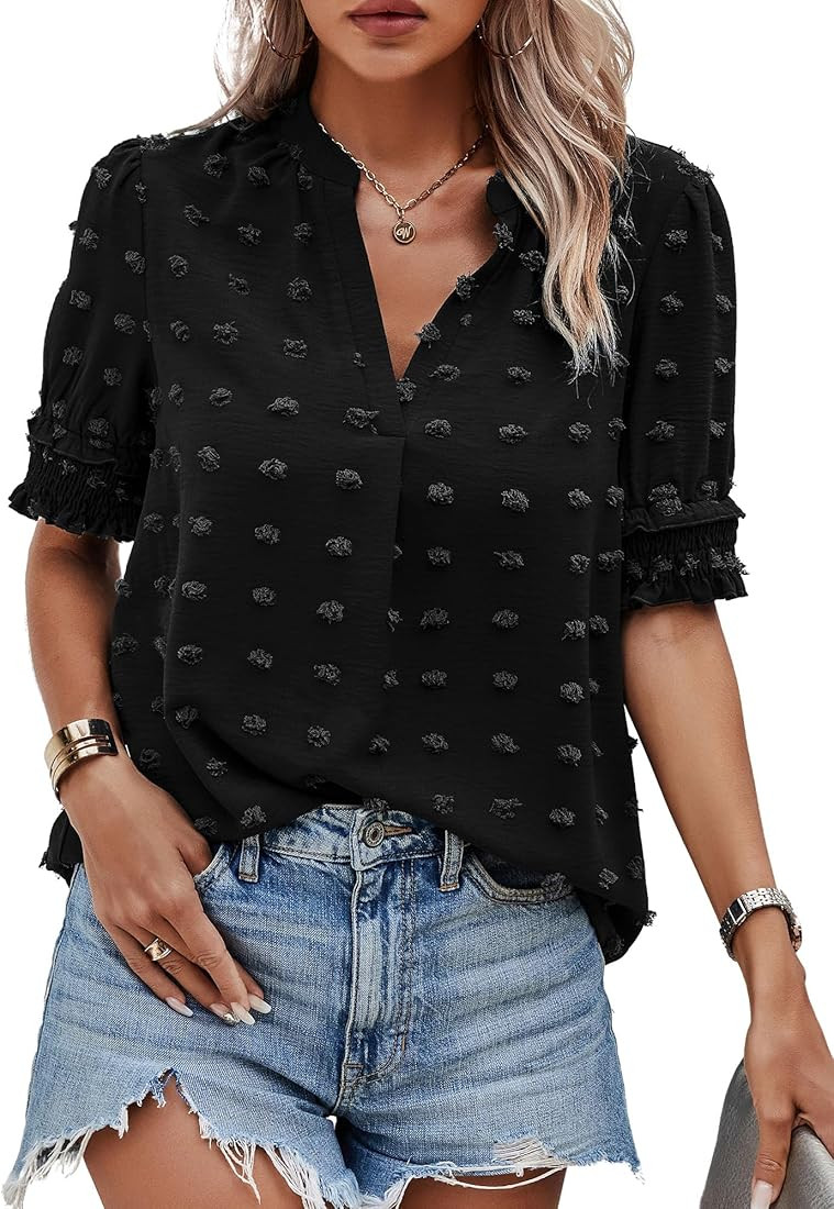 Angashion Womens Tops, Summer Casual Short Sleeve V Neck Solid Flowy Top Loose Tunic Blouses Shir... | Amazon (US)