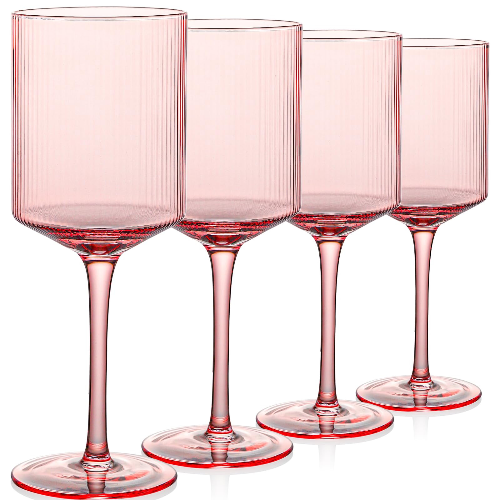 Square Pink Wine Glasses Set of 4 – 15oz Red or White Glasses on Long Stem, Hand Blown Ribbed D... | Amazon (US)