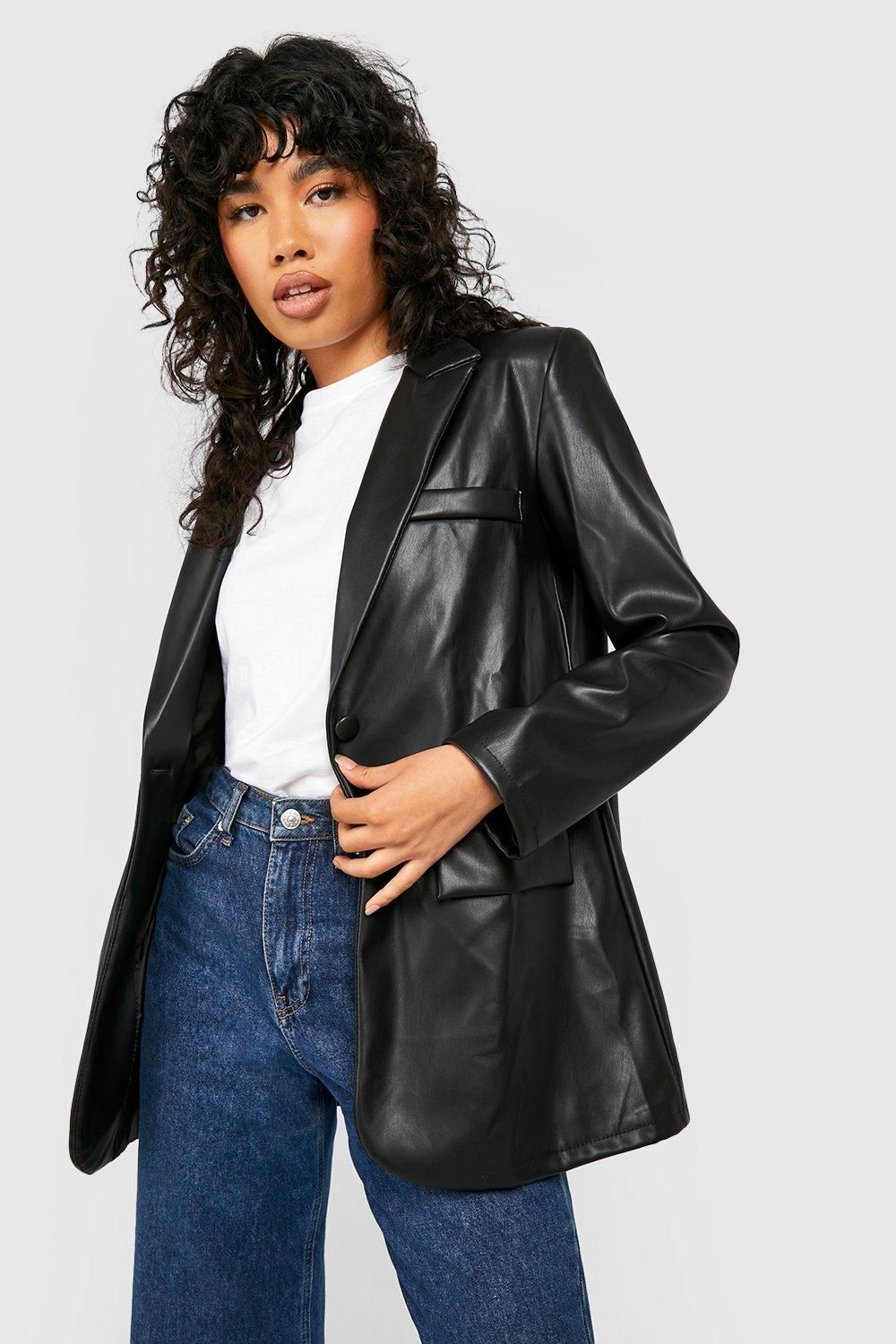 Womens Faux Leather Plunge Oversized Tailored Blazer - Black - 6 | Boohoo.com (US & CA)