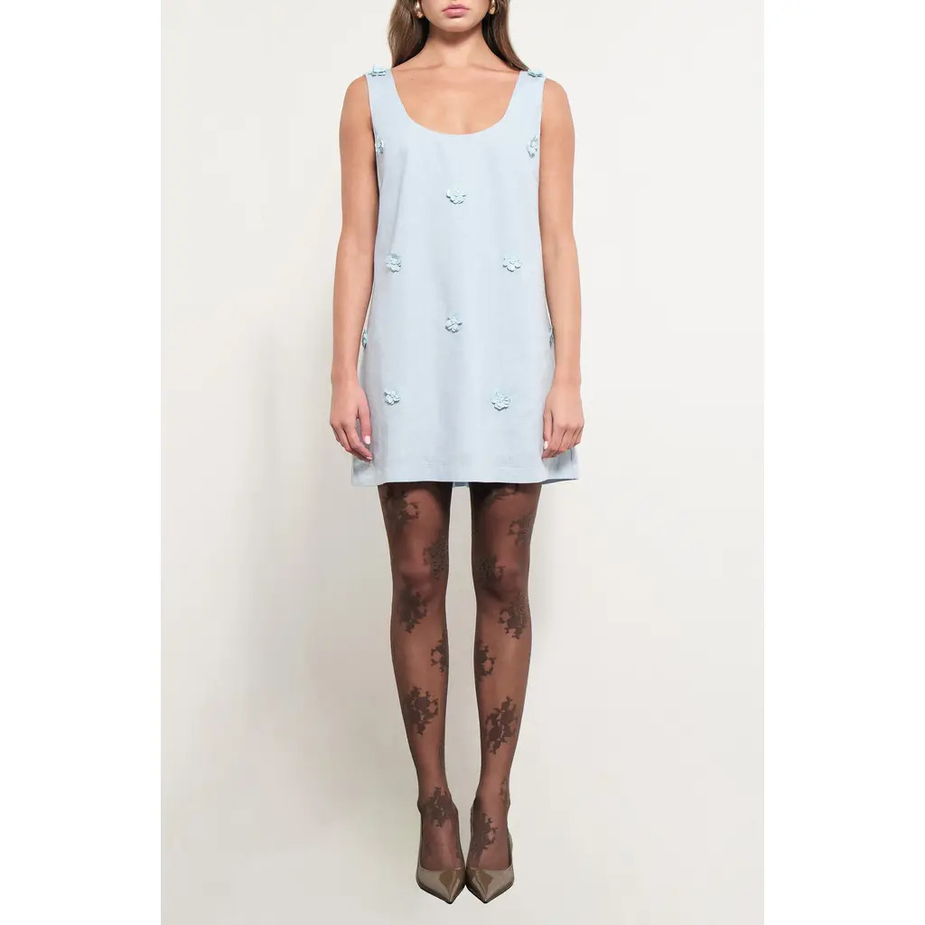 MAUDE CLUB Crosby Floral Appliqué Shift Minidress in Ice Blue at Nordstrom, Size X-Small | Nordstrom