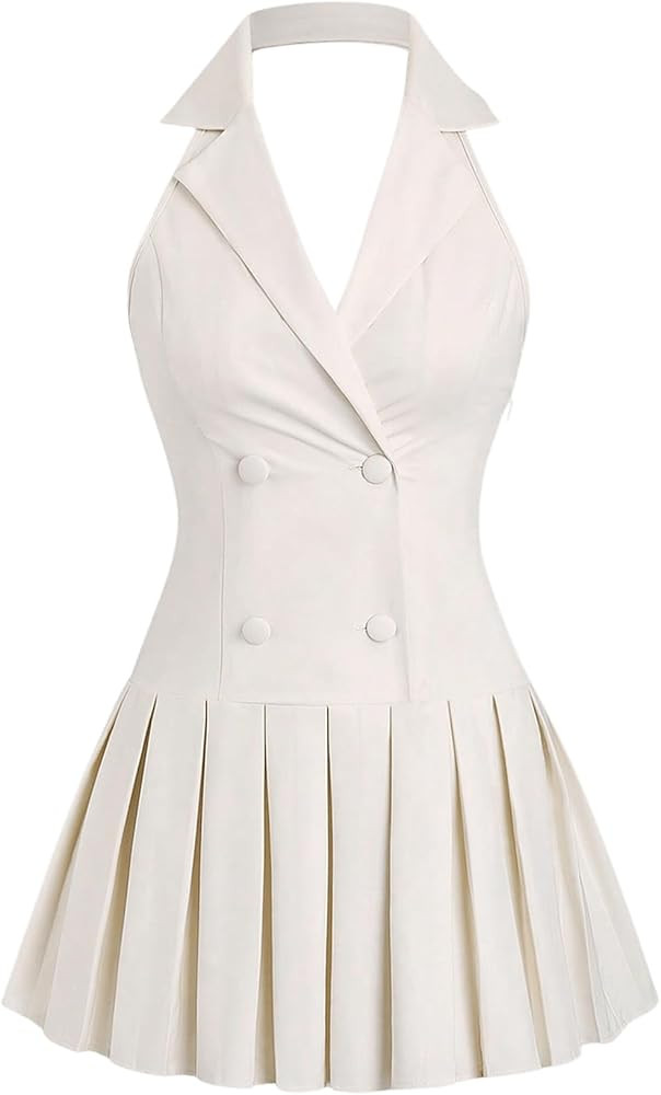MakeMeChic Women's Halter Lapel Backless Short Dresses Button Front Pleated Mini Dress | Amazon (US)