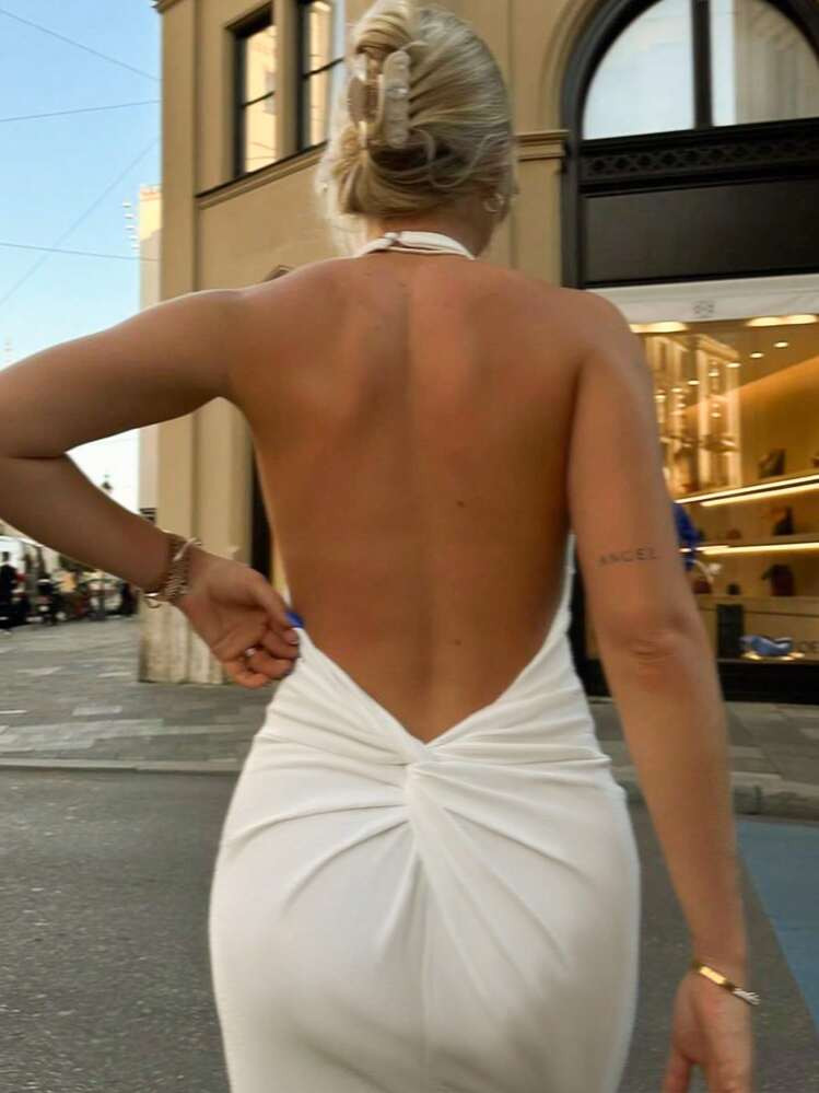 INAWLY Women's Summer New White Knitted Halter Low Back Twist Cutout Sexy Mini Dress | SHEIN