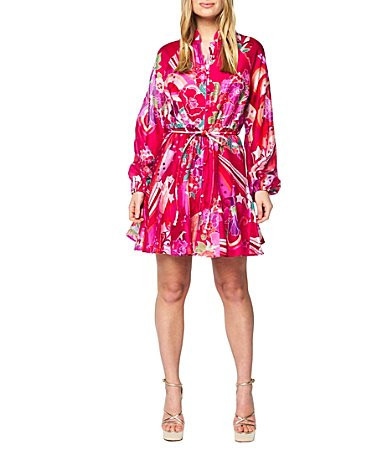 CIEBON Nylah Mandarin Collar Long Sleeve Printed Mini Dress - L | Dillard's
