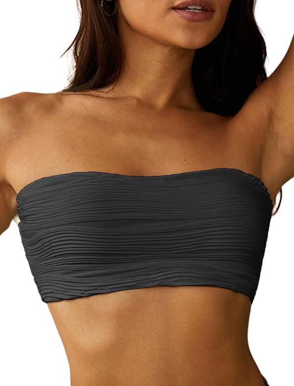 ZAFUL Women Textured Bandeau Bikini Top Lace up Strapless Swimsuit Solid Color High Cut Bathing S... | Amazon (US)