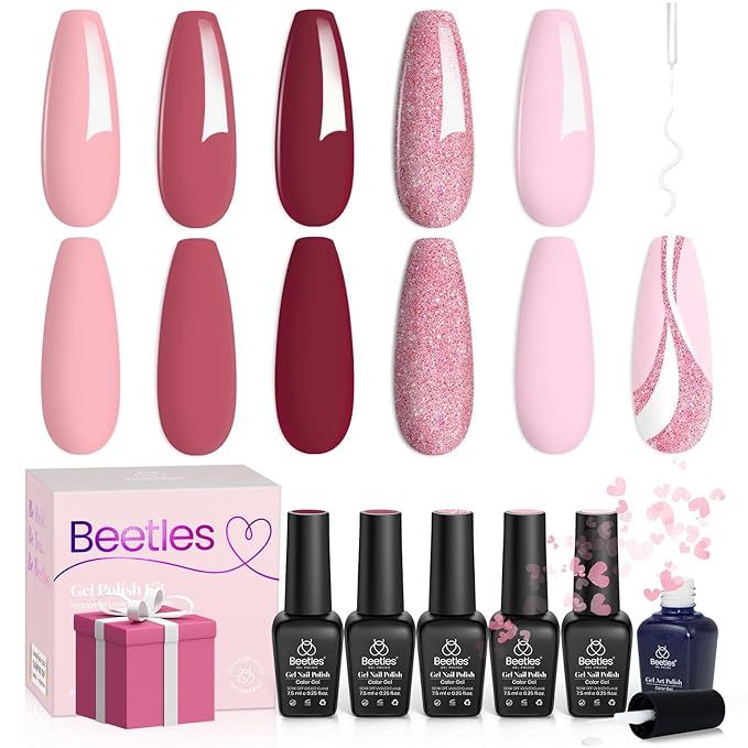 beetles Gel Polish 6 Pcs City of Love Collection 5 Colors Pink Rose Glitter Day Gel Polish & 1 Pc... | Amazon (US)