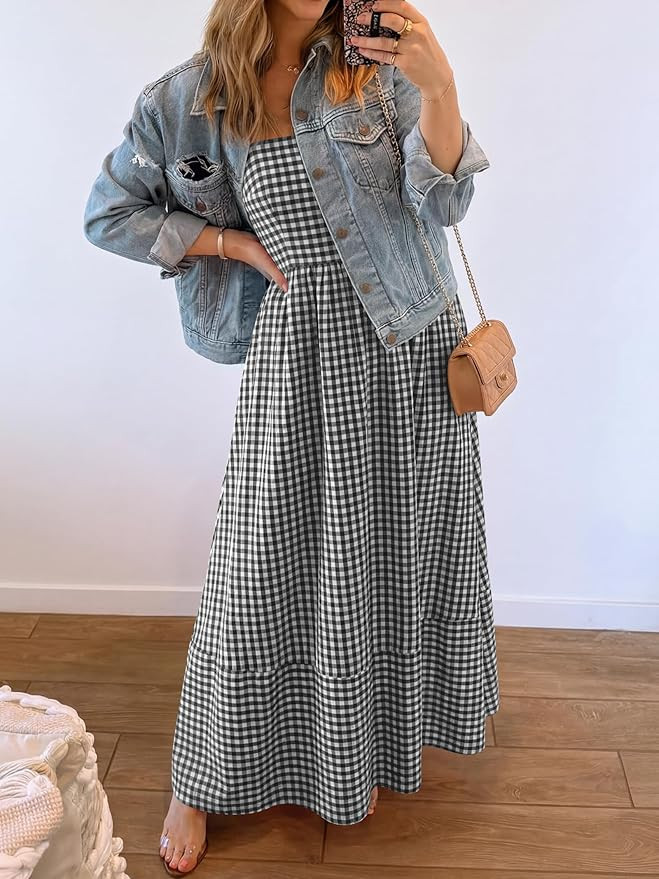 Caracilia Womens Maxi Dresses Gingham Spaghetti Strap Back Smocked Flowy Long Sundress Summer Bea... | Amazon (US)