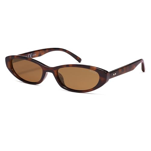 SOJOS Trendy Oval Cat Eye Polarized Sunglasses Womens Mens, 80s 90s Retro Small Thin Y2K Sunnies SJ2664, Brown Tortoise/Brown | Amazon (US)