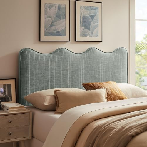 Monday Athena Striped Fabric Upholstered Queen Size Adjustable Headboard in Spa Blue Stripe - with Scalloped Wave Design and Soft Linen-Like Fabric | Amazon (US)