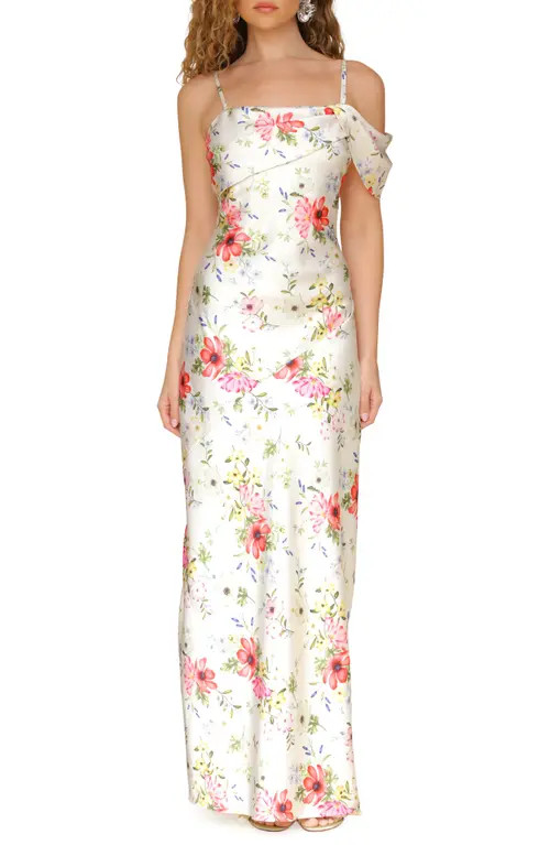 Avec Les Filles Floral Print Asymmetric Satin Maxi Dress in Cream Flower Press at Nordstrom, Size 6 | Nordstrom