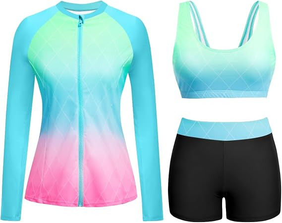 Holipick Long Sleeve Swimsuits for Women - 3 Piece Rash Guard with Shorts Zipper SPF Swim Shirt w... | Amazon (US)