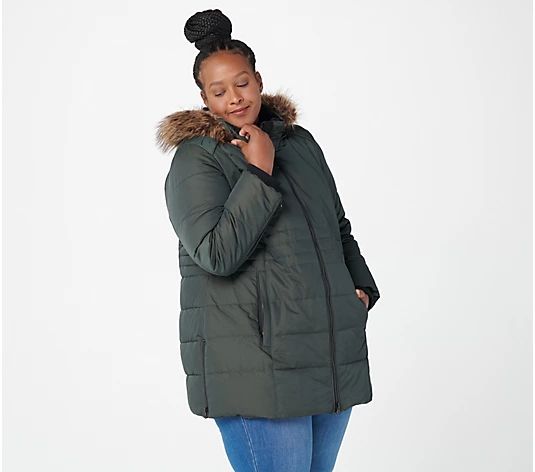 Arctic Expedition Quilted Zip Front Down Coat with Hood | QVC