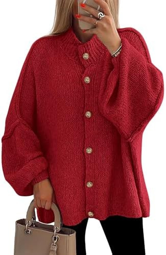PRETTYGARDEN Women's Winter Button Down Cardigan Sweaters Mock Neck Lantern Long Sleeve Chunky Kn... | Amazon (US)