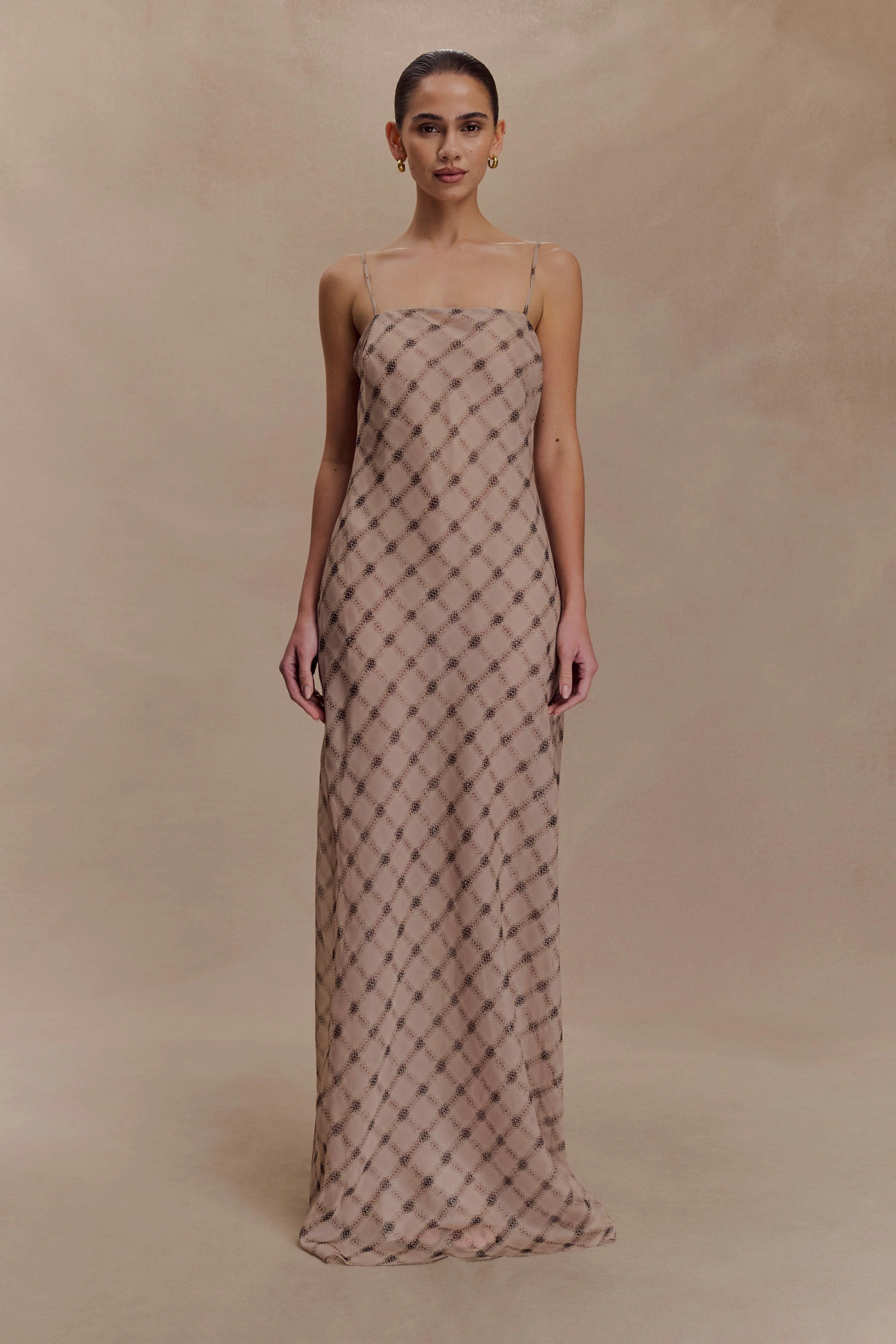 Silvana Chiffon Maxi Dress - Snake Check Print Mocha | MESHKI US