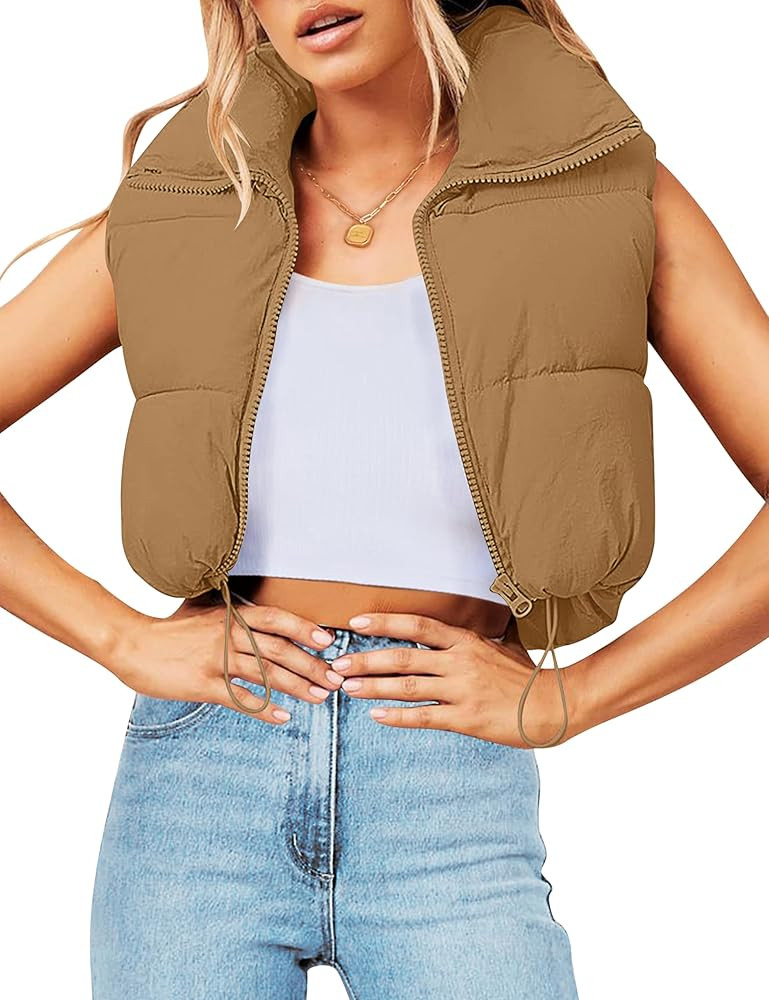 MEROKEETY Women's Crop Puffer Vest Lightweight Stand Collar Sleeveless Zip Up Padded Gilet Coat | Amazon (US)