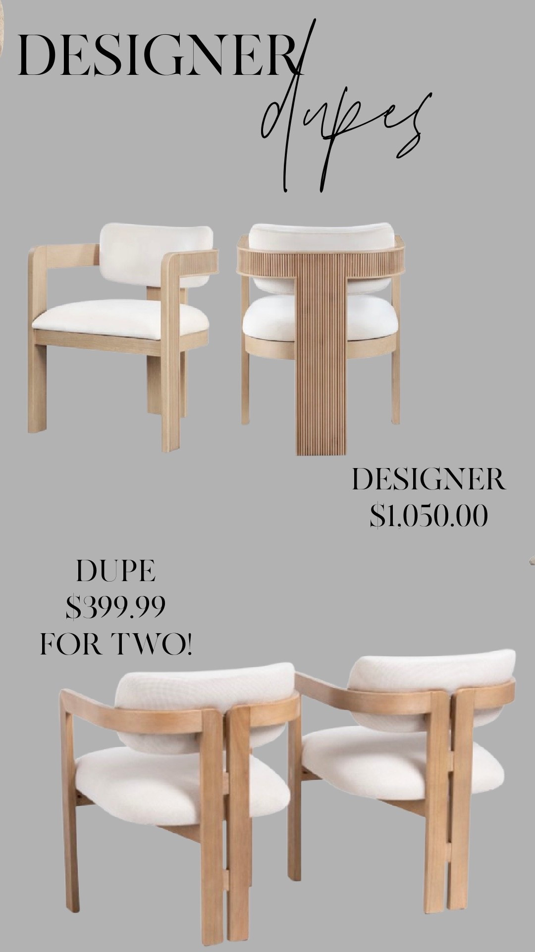 Two designer chairs for $1,050… or TWO lookalikes for just $399.99? 👀 This dupe is almost identical and saves you over $600. Perfect for dining rooms, home offices, or accent seating. Tap to grab them before they’re gone! #LTKhome #designerdupes #lookforless #neutralhome #modernfurniture #budgetfriendlyfinds #LTKdupe #interiorstyle #affordabledecor #furnituredupe

#LTKHome #LTKSaleAlert
