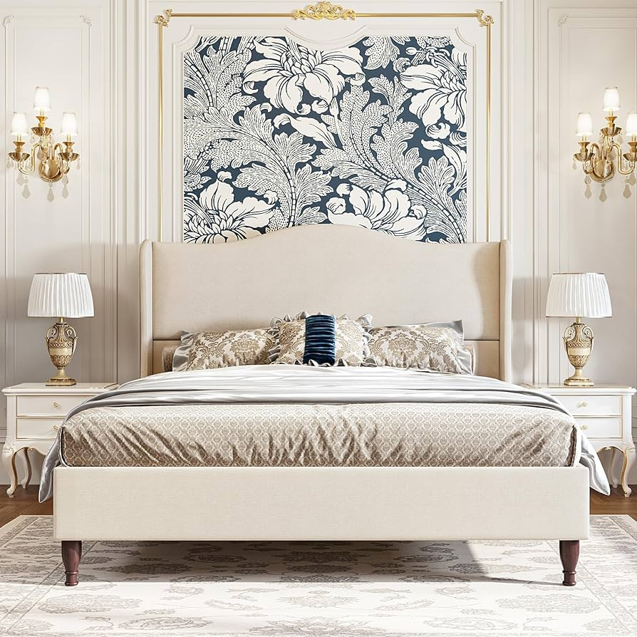 King Size Bed Frame Upholstered Platform Bed with 51" Tall Headboard Wingback, Soft Fabric, Retro... | Amazon (US)