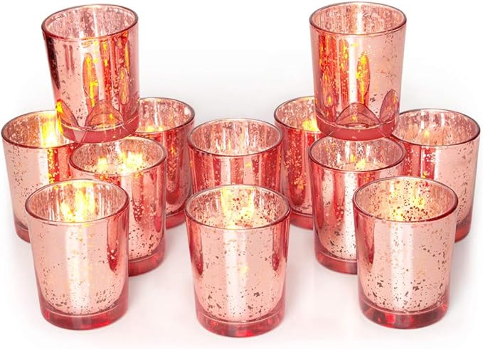 Amazon.com: Volens Rose Gold Votive Candle Holders Set of 12, Mercury Glass Tealight Candle Holde... | Amazon (US)