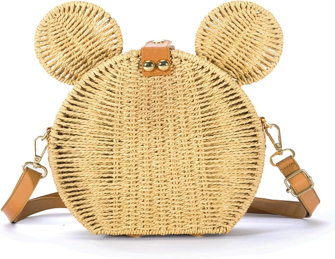 Round Rattan Straw Bag Purse for Women Handmade Cute Mouse Ear Wicker Woven Purse Crossbody Shoul... | Amazon (US)