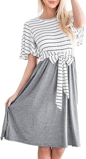 MEROKEETY Women's Summer Striped Ruffle Sleeves Tie Waist Pockets Casual Swing Midi Dress | Amazon (US)