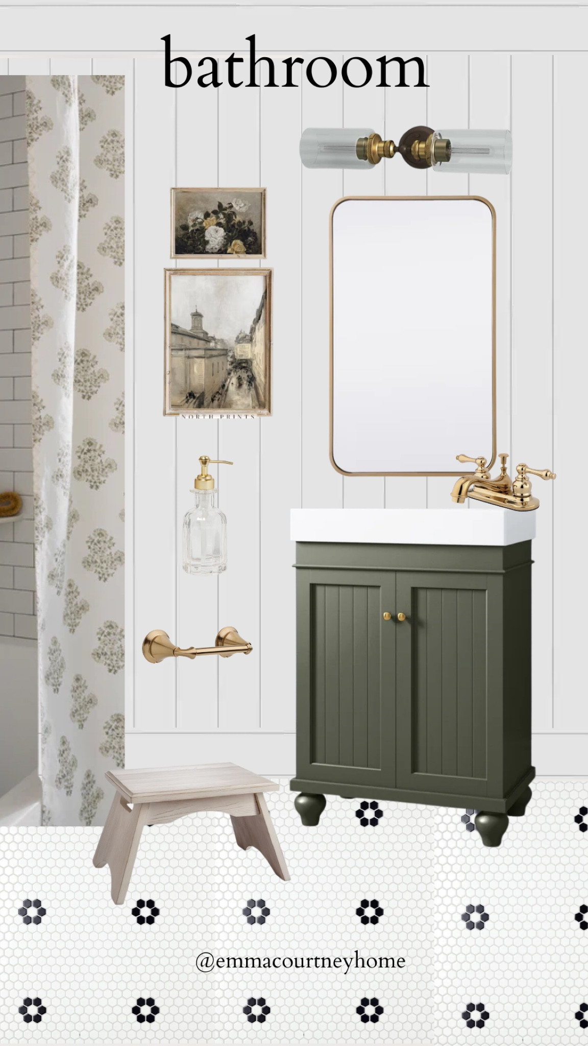 Bathroom mood board inspo for kids and guest bathroom. 

Shiplap walls with octagonal tile floor with flowers, green sink vanity and my favourite McGee and co shower curtain with block print 

#LTKhome #LTKstyletip #LTKSeasonal