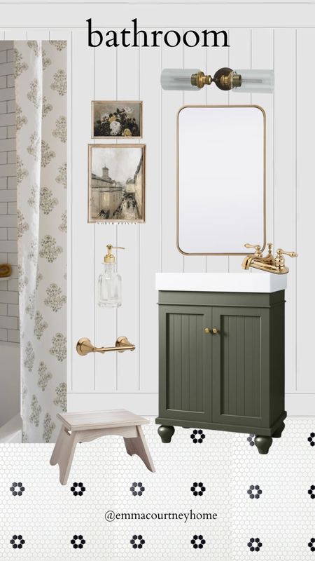 Bathroom mood board inspo for kids and guest bathroom. 

Shiplap walls with octagonal tile floor with flowers, green sink vanity and my favourite McGee and co shower curtain with block print 

#LTKhome #LTKstyletip #LTKSeasonal