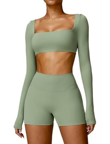 ABOCIW Workout Sets for Women 2 Piece Gym Yoga Outfits Square Neck Long Sleeve Crop Tops High Waist Biker Shorts Green Medium | Amazon (US)