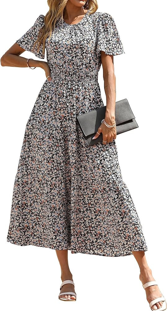 PRETTYGARDEN Women's Summer Casual Short Flutter Sleeve Round Neck Smocked Waist Tiered Boho Flor... | Amazon (US)