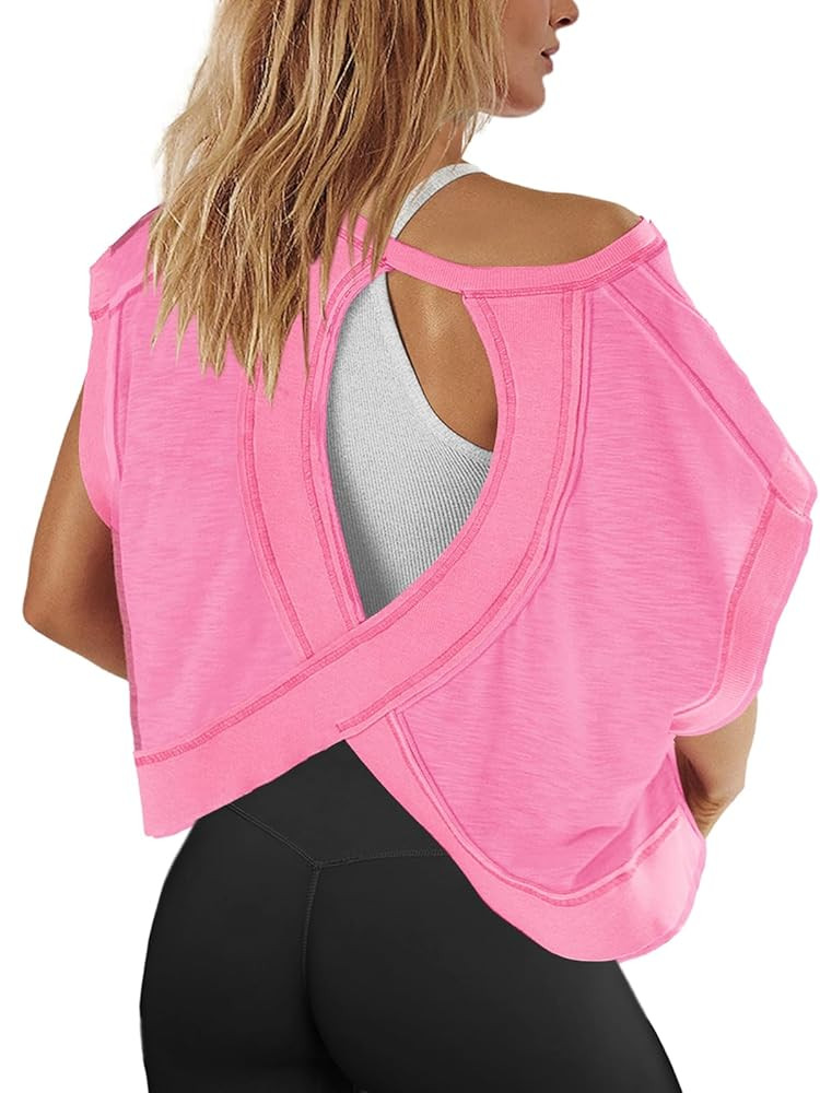 Panadila Womens Open Back Workout Top Oversized Workout T Shirts Backless Athletic Shirt Short Sl... | Amazon (US)