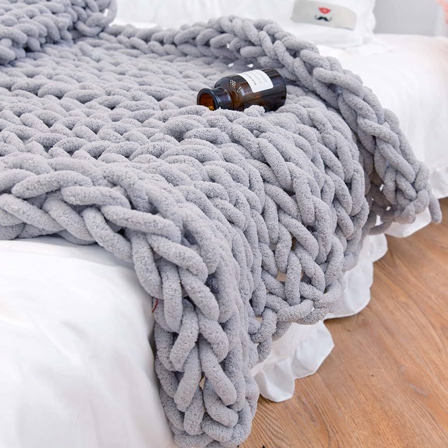 Chunky Knit Blanket Throw 40"×40", Hand Knitted Warm Chenille Throw Blanket, Home Decor Soft Thi... | Amazon (US)