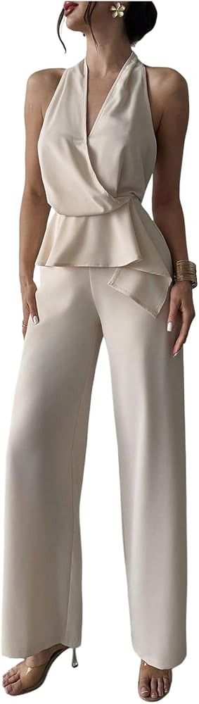 OYOANGLE Women's 2 Piece Going Out Sets Halter Wrap Back Tie Top and Pants Set Business Casual Dr... | Amazon (US)