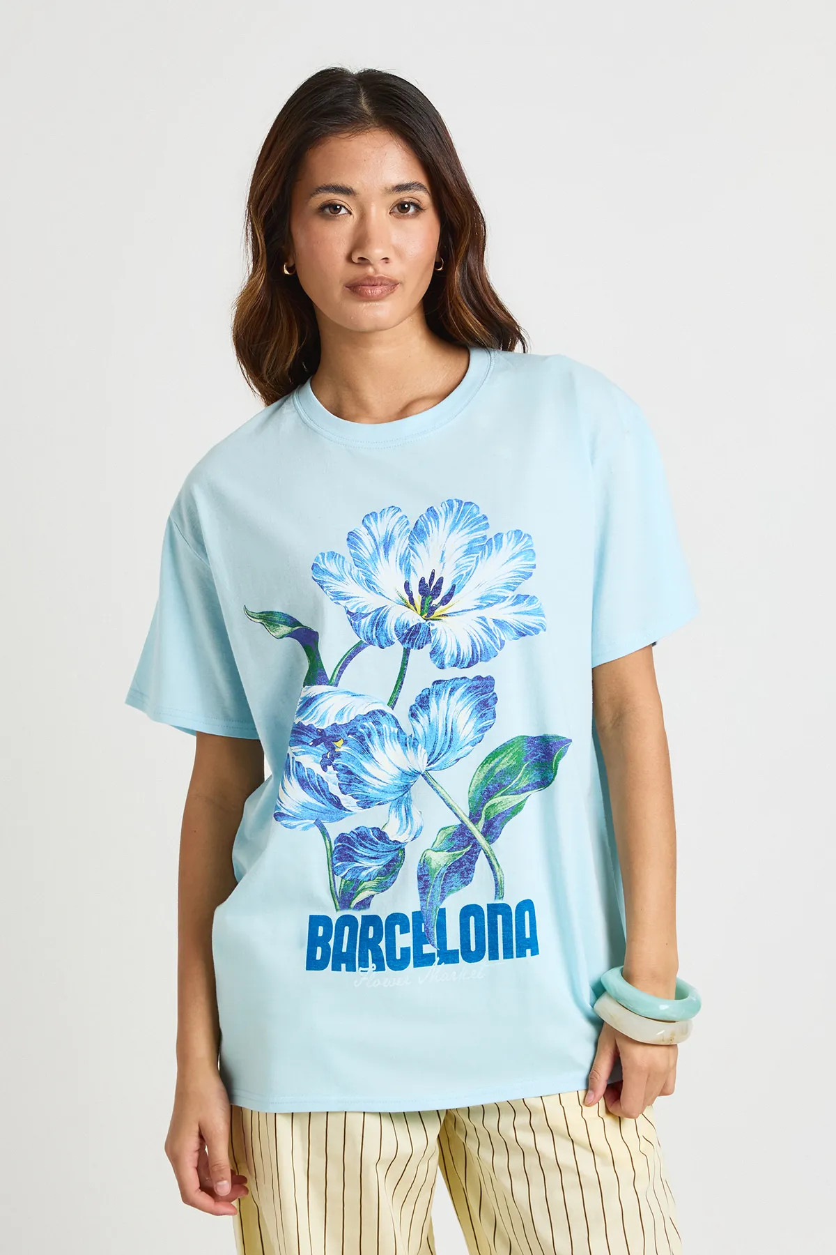 Baby Blue Barcelona Floral Printed T-Shirt | Boohoo USA | boohoo (US & Canada)