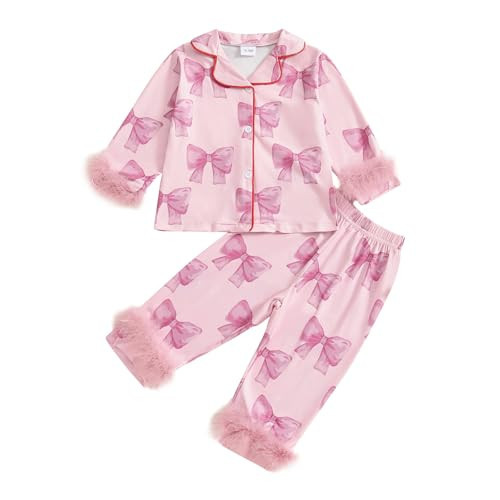 BYUSBAYA Kids Baby Girls Satin Pajama Sets Feather Trim Long Sleeve Button Shirts Pants Pjs Set 2Pcs Lounge Sleepwear Outfits (B Pink Bow, 5-6 Years) | Amazon (US)