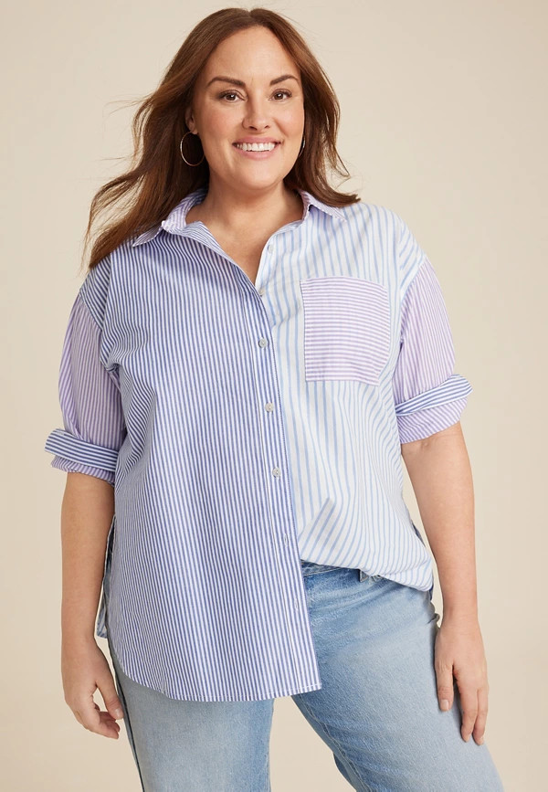 Plus Size 90s Prep Striped Oversized Button Up Shirt | Maurices