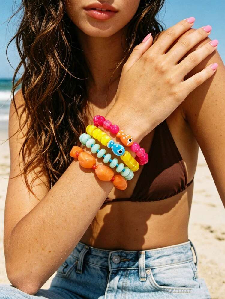 4pcs/Set Bohemian Style Summer Beach Vacation Series Dopamine Beaded Colorful Fish Charm Elastic Bracelet Set For Women, Niche Premium Design, Suitable For Vacation/Daily Wear | SHEIN