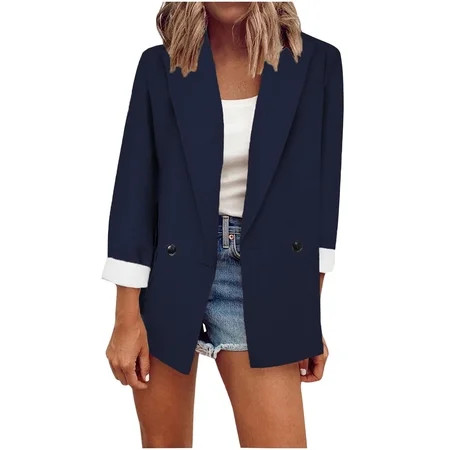 Navy Shacket Jacket Women Fashion Casual Solid Open Front Cardigan Long Sleeve Jacket Coat L | Walmart (US)