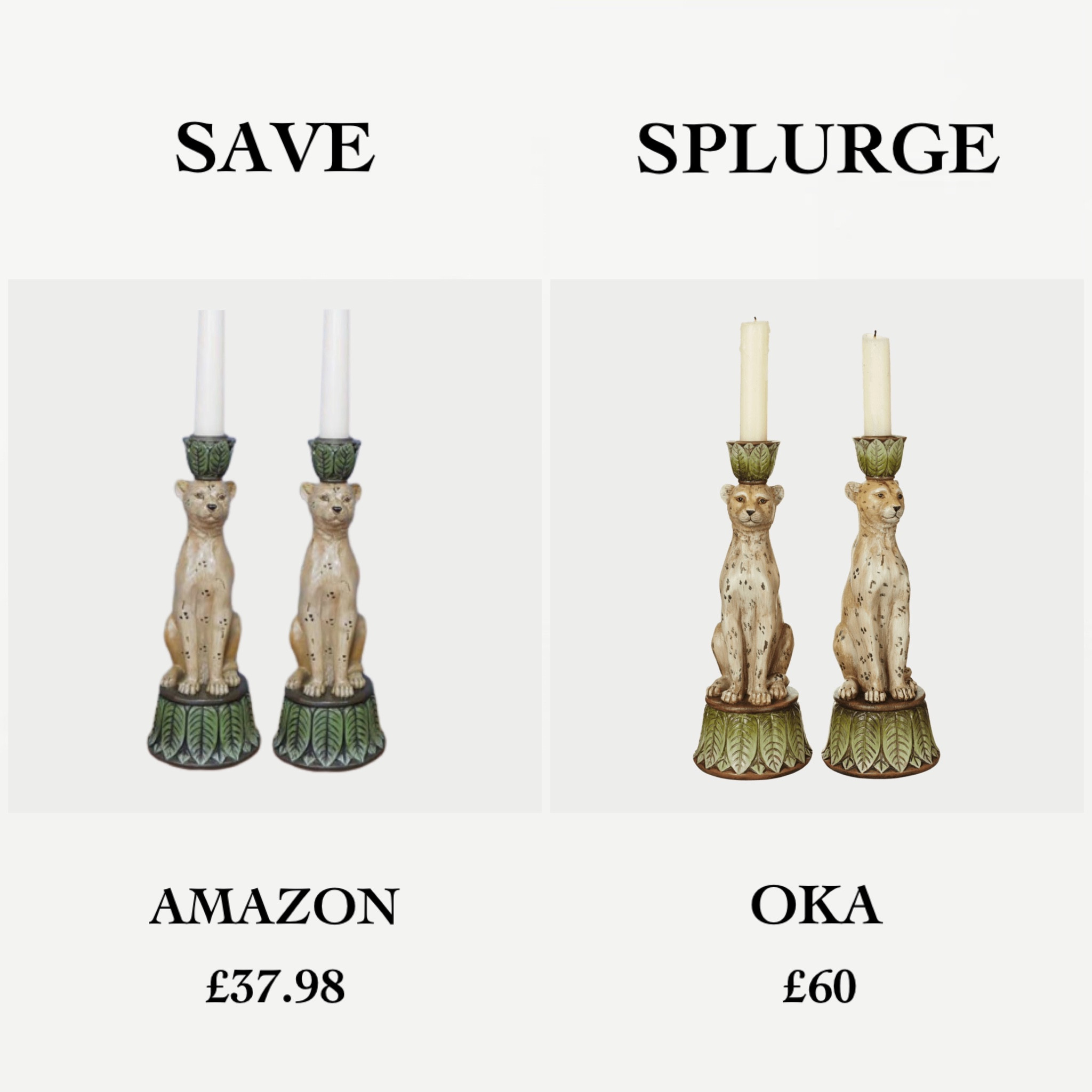 🐆 The Leopard Candle Holder 🐆

Made from resin, these unique leopard candlestick holders add a touch of fun and personality to any home! 

These versions both feature elegant leopards sitting on a base of leaves with leafy crowns for a tapered candle 🍃

Although the OKA version is more expensive, the more muted tones make them a little more subtle for those with more neutral interiors palettes 🤍

OKA also always have the most gorgeous packaging - perfect for Christmas gifting! 

The price shown for the Amazon version is for a pair for fair comparison with their OKA counterpart. However, the Amazon version can be purchased separately for £18.99 each 🤍

#candleholder #candleholders #resincandleholder #animaldecor #homeaccessories #livingroomdecor #livingroominspo #interiorstyling #inspiremehomedecor #inspiremeneutral #neutraldecor #neutralhomedecor #homeinspo #homeinteriorinspo #highstreetstyle #highstreethome  #highstreetbrands #amazonhomefinds #amazonhome #amazonhomedecor #amazondecor #amazoninfluencer #oka #myokahome #likeforlike #affordablehomedecor #affordablehomestyling #homeaccountsofinstagram #saveorsplurge #thathomelook

#LTKGiftGuide #LTKsalealert