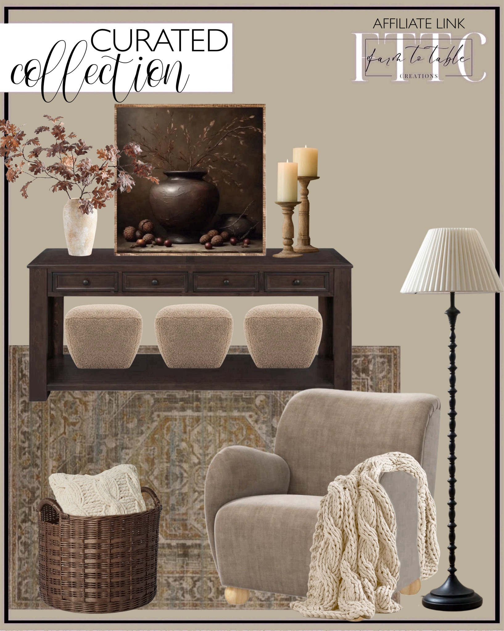 Curated Collection. Follow @farmtotablecreations on Instagram for more inspiration.

Hagberg 63'' Console Table. Mona area rug. Euri Arch Vintage Wall Mirror. Abra Floor Lamp. Armchair. Kora Ottoman. Framed Canvas Art. Round Rattan Decorative Basket Dark Brown. Oak Branch. Artisan Vase. Kadence Turned Wood Pillar Holder. Plush Colossal Handknit Pillow. Colossal Throw Blanket. Pottery Barn. 

Cozy Living Room. Console Table. Framed Art. Fall Decor. Fall Stems. 




#LTKHome #LTKSaleAlert #LTKFindsUnder50