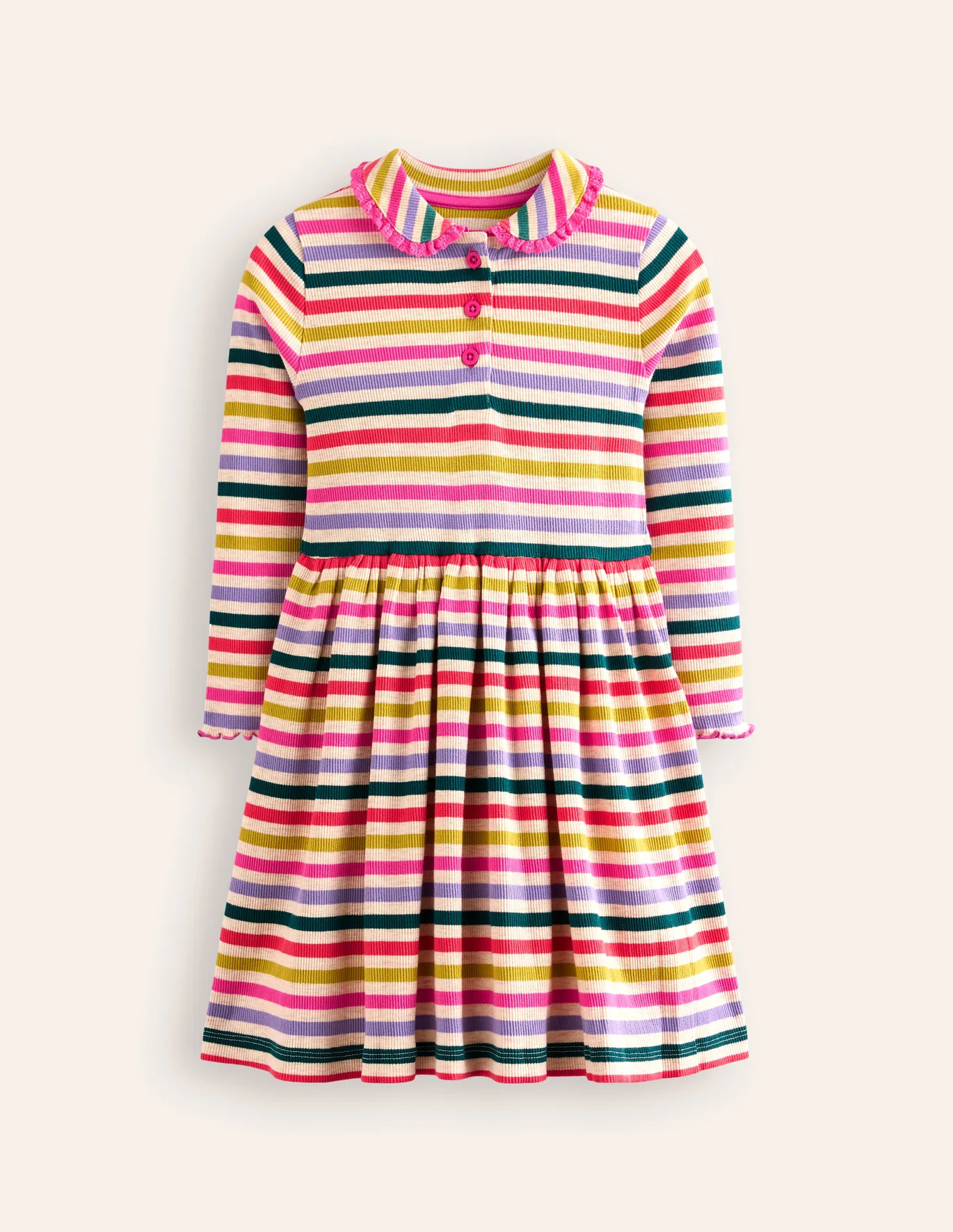 Collared Rib Twirly Dress - Oatmeal Melange Multi Stripe | Boden US | Boden (US)