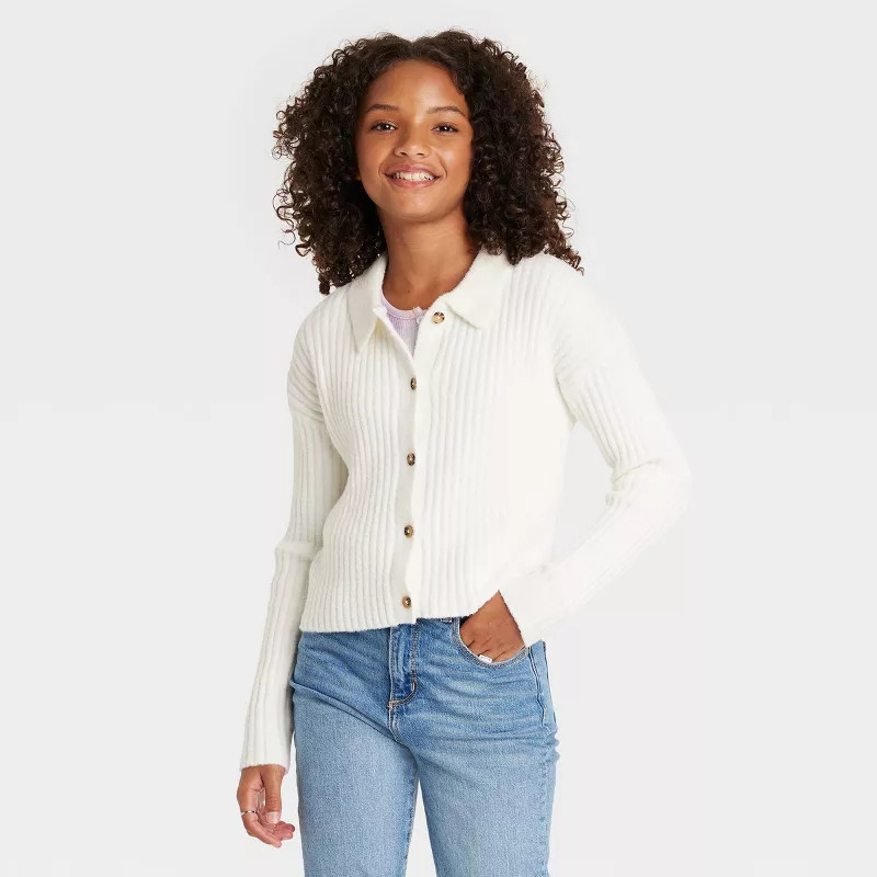 Girls' Fuzzy Collared Cardigan Sweater - art class™ | Target