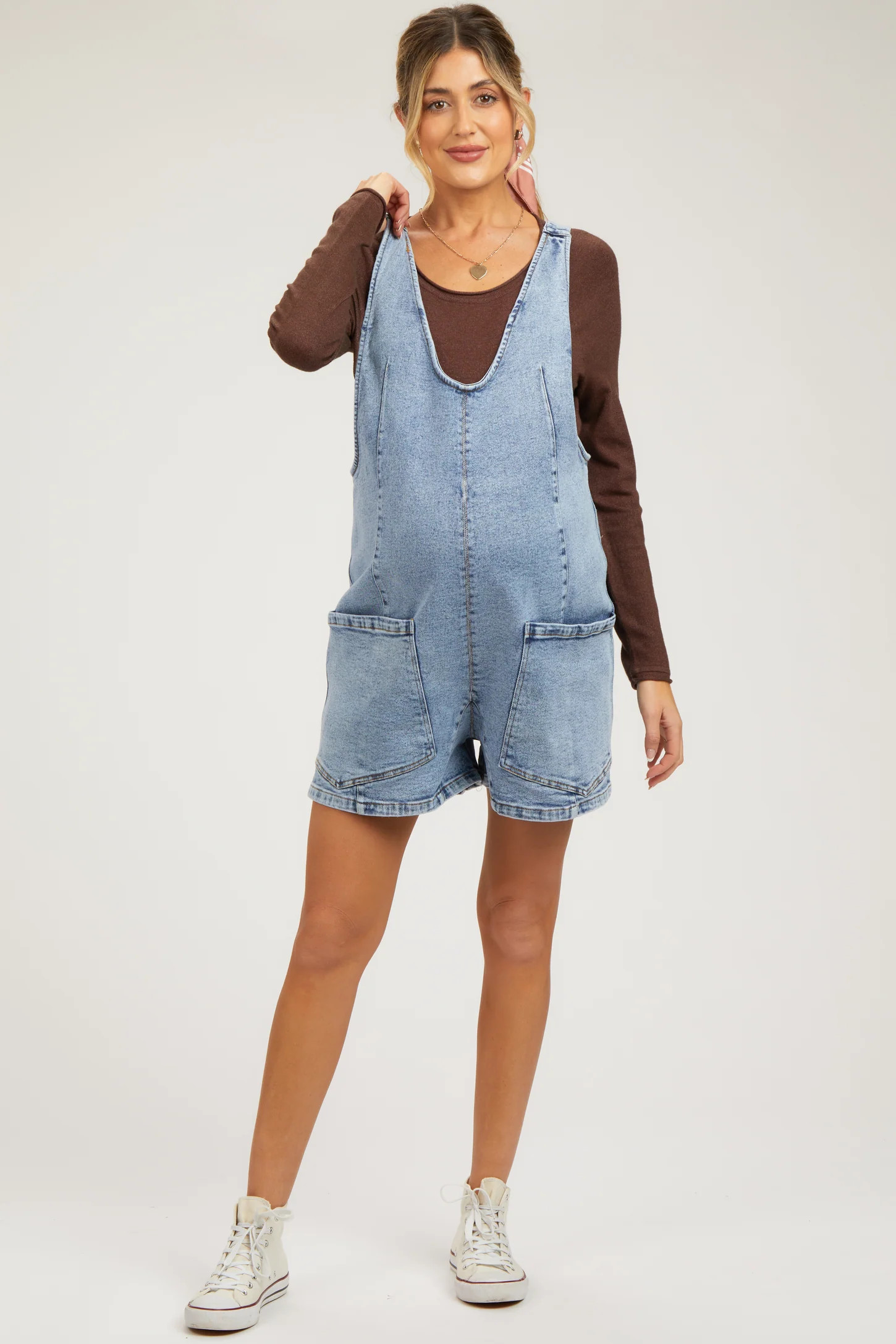 Light Blue Denim Scoop Neck Maternity Short Overall | PinkBlush Maternity