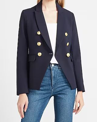 Soft & Sleek Double Breasted Novelty Button Cropped Business Blazer Women's Navy Blue | Express