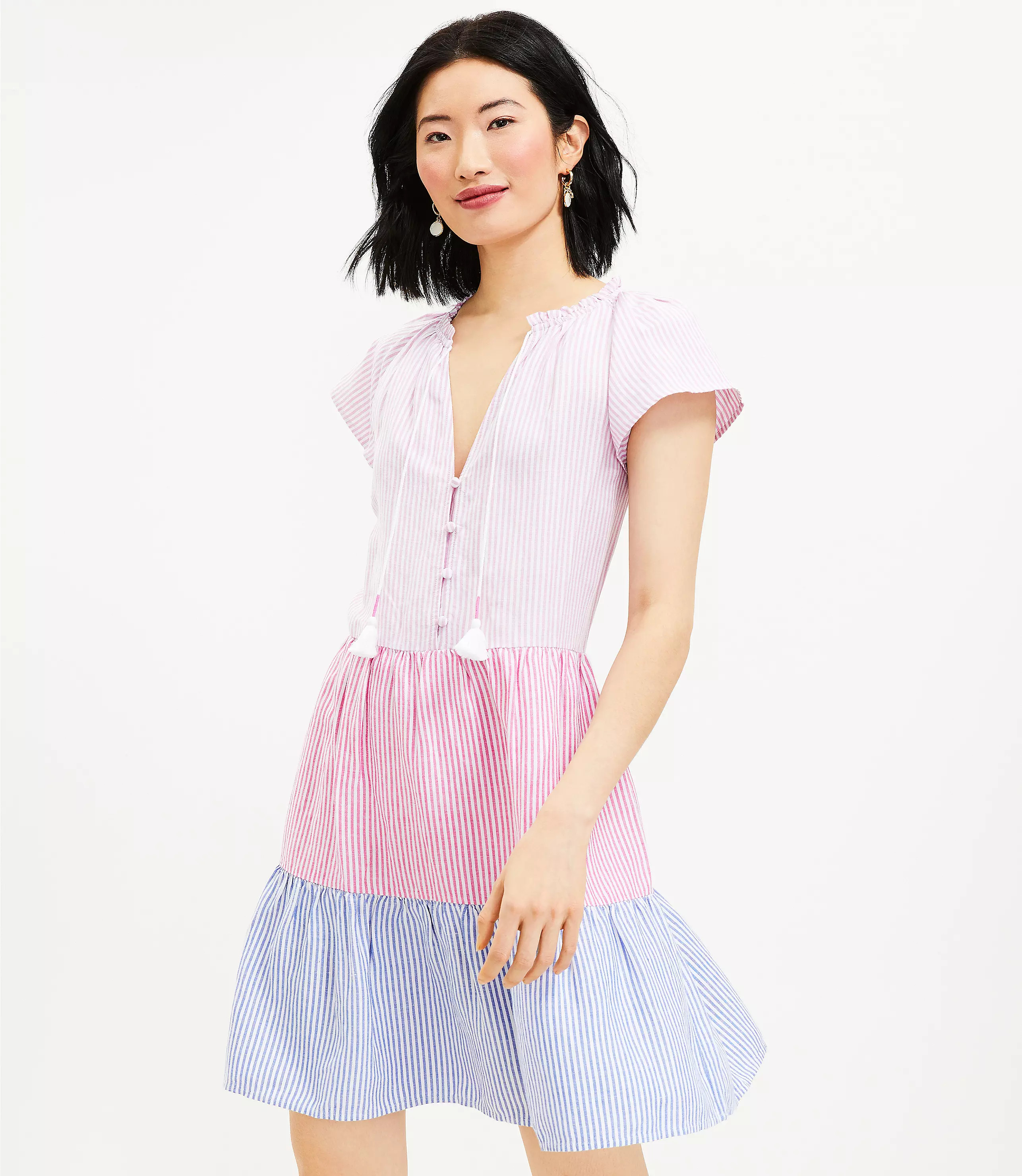 Striped Tie Neck Tiered Swing Dress | LOFT